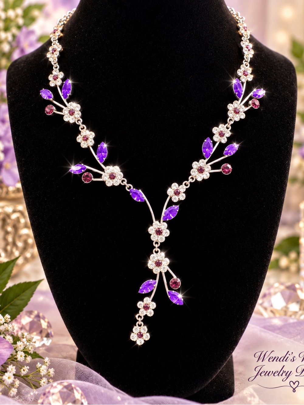 Danbury Mint Mulberry Blooms Purple, Clear Crystal & Silver Floral Necklace